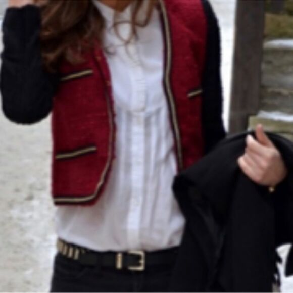 MANGO Red & Black Tweed Blazer Jacket with gold chain trimming C14 - Picture 1 of 13